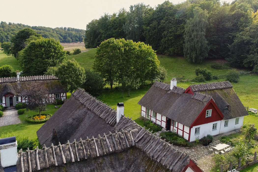 Aerial view of Drakamollan Farm, a centuries old farm located in rural Sweden. 