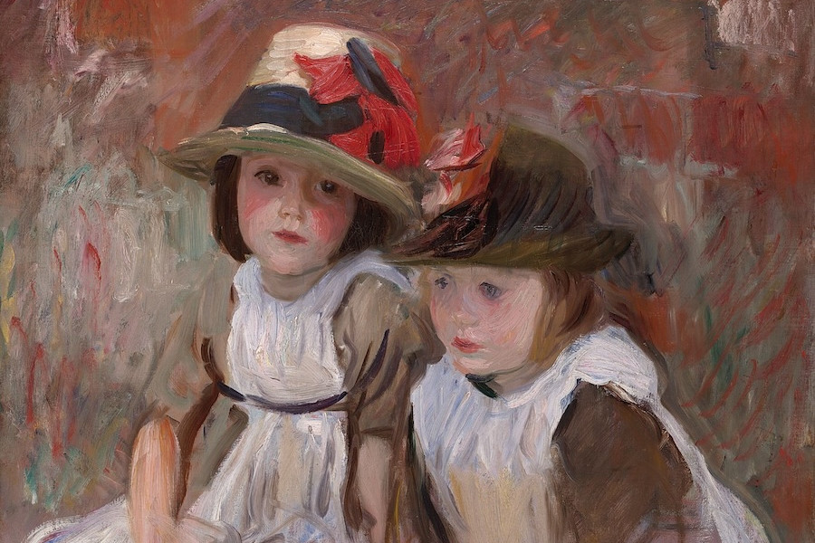 A painting depicting two children, girls, dressed in hats and dresses typical for 19th century. 