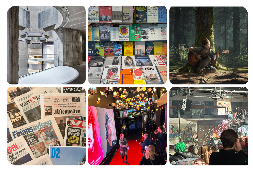 A collage consisting of six images: A museum interior, a book shelf, a musician in the woods, newspapers, actor on the red carpet, a theatre play. 