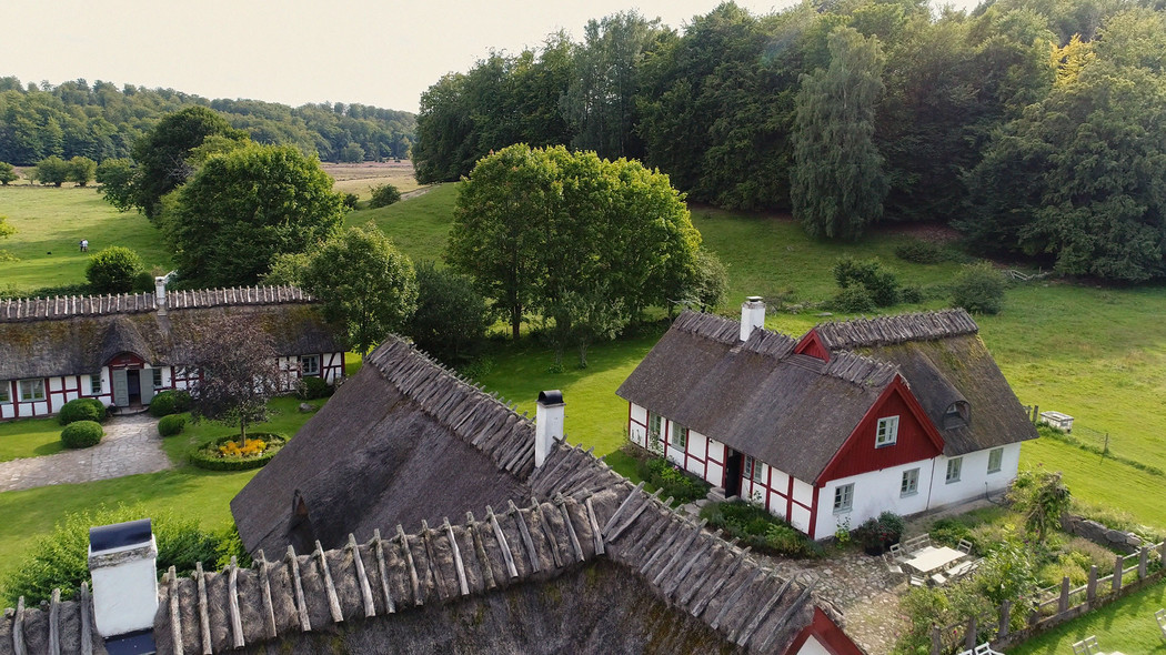 Aerial view of Drakamollan Farm, a centuries old farm located in rural Sweden.