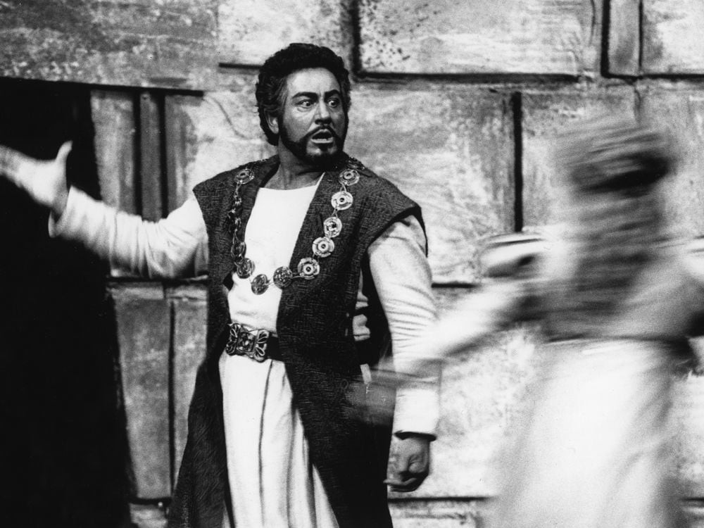 An actor as Othello in a scene from Shakespeare's opera "Othello". Black/white image photo. 